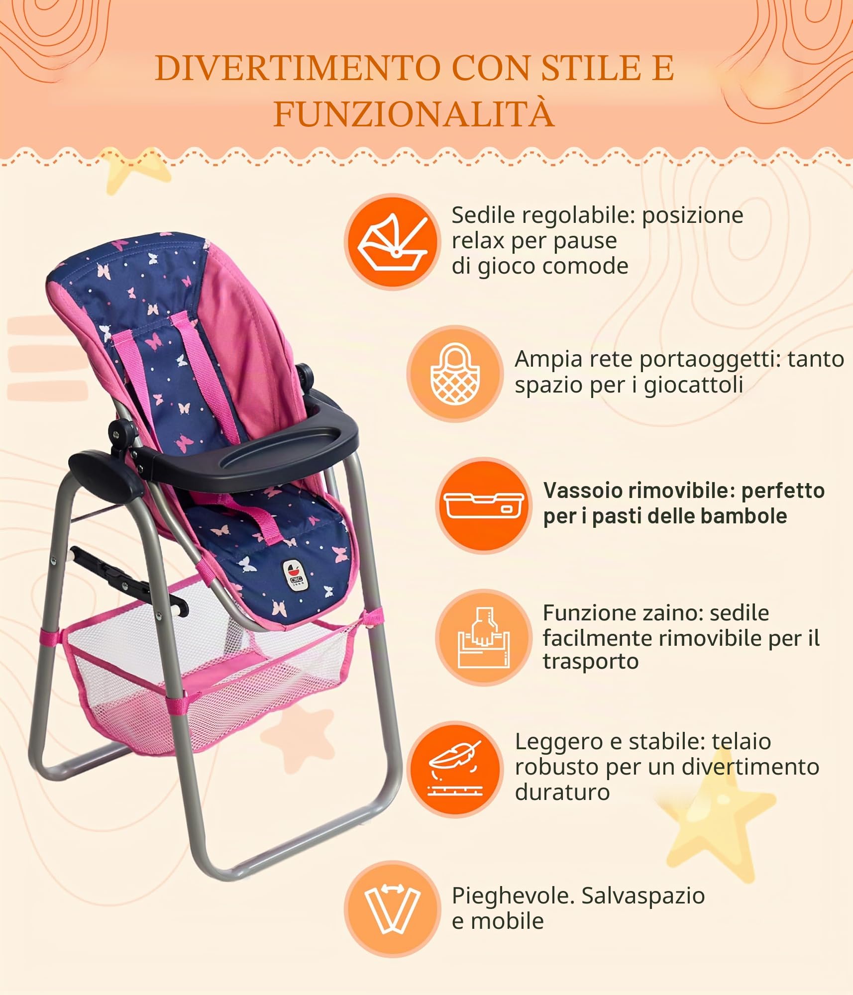 Bayer Chic 2000 Seggiolone per bambole, colore blu navy, regolabile e pieghevole, con schienale e rete per bagagli, per bambole fino a 50 cm, accessori per bambole 3-8 anni