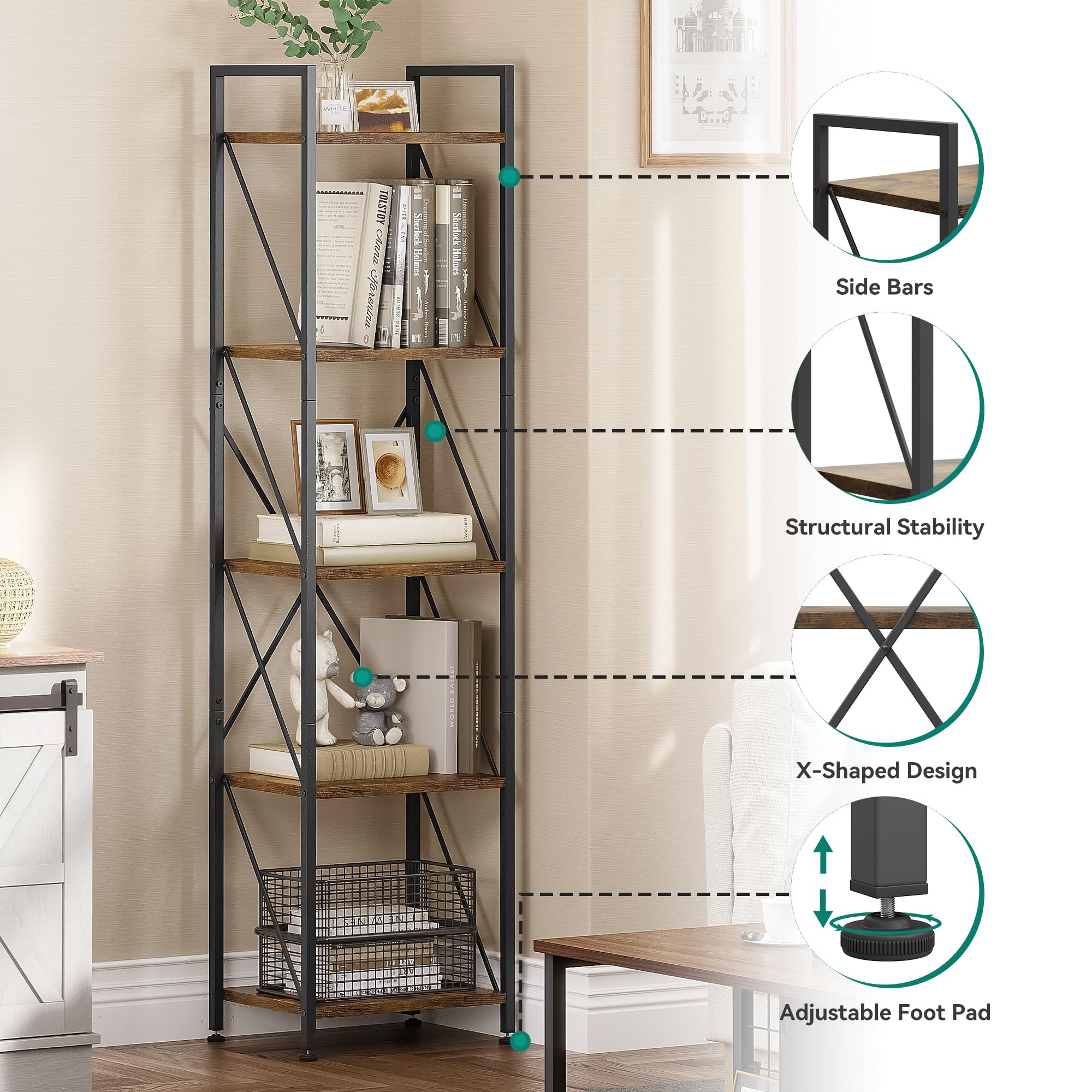 YITAHOME Bibliothèque à 5 Niveaux, Bibliothèque Industrielle, Étagère Autoportante, Étagère en Bois et Cadre en Métal, Support de Rangement pour Salon Bureau Cuisine Chambre à Coucher, Marron Rustique