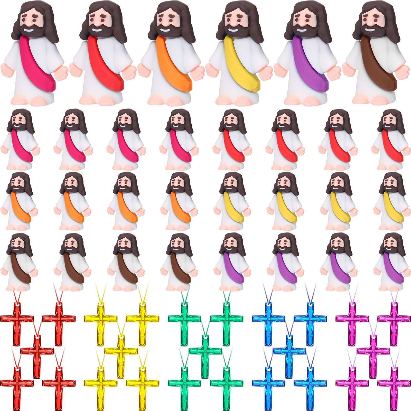 Barydat 50 Pcs Religious Toys 25 Mini Jesus Figurines Colored Tiny Pocket Jesus Dolls 25 Plastic Crystal Cross Necklace for Religious Party Supplies