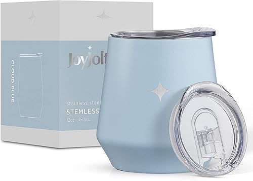 Miniatura 10 de JoyJolt Vaso de vino con triple aislamiento con tapa vaso de 12 onzas deslizador y tapas de pajilla Vaso de vino sin tallo de acero inoxidable de