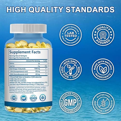 Miniatura 7 de Suplementos de aceite de pescado Omega 3, 1280 mg de ácidos grasos omega-3, incluyendo EPA y DHA, suplementos de aceite de pescado sin eructos