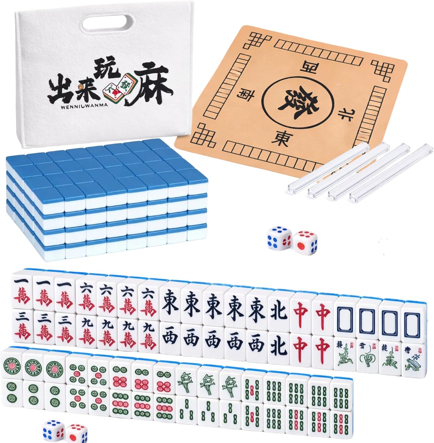 Chinese Mahjong Tile Set Traditional 144 Tiles – 30mm Melamine Mahjong Tiles with Dice中式麻將, 4 Racks, Professional Mahjong Table Mat & Storage Case, Classic Mahjong Game Set for Travel Gathering