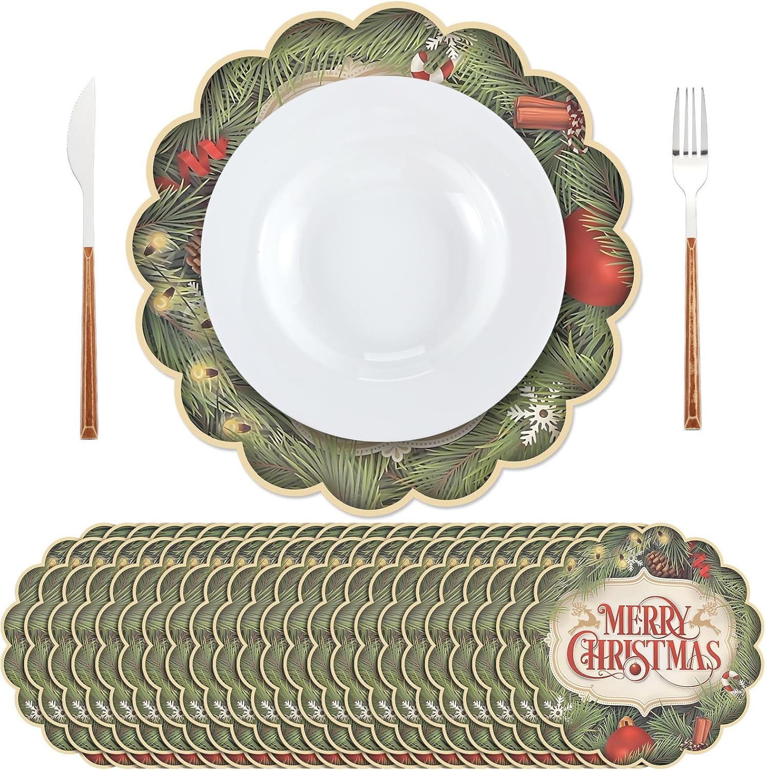 Vesici 100 Pcs Christmas Paper Placemats Disposable 13 Inch Merry Christmas Paper Place Mats Decorative Round Table Mats for Winter Holiday Birthday Wedding Baby Shower Party Supplies