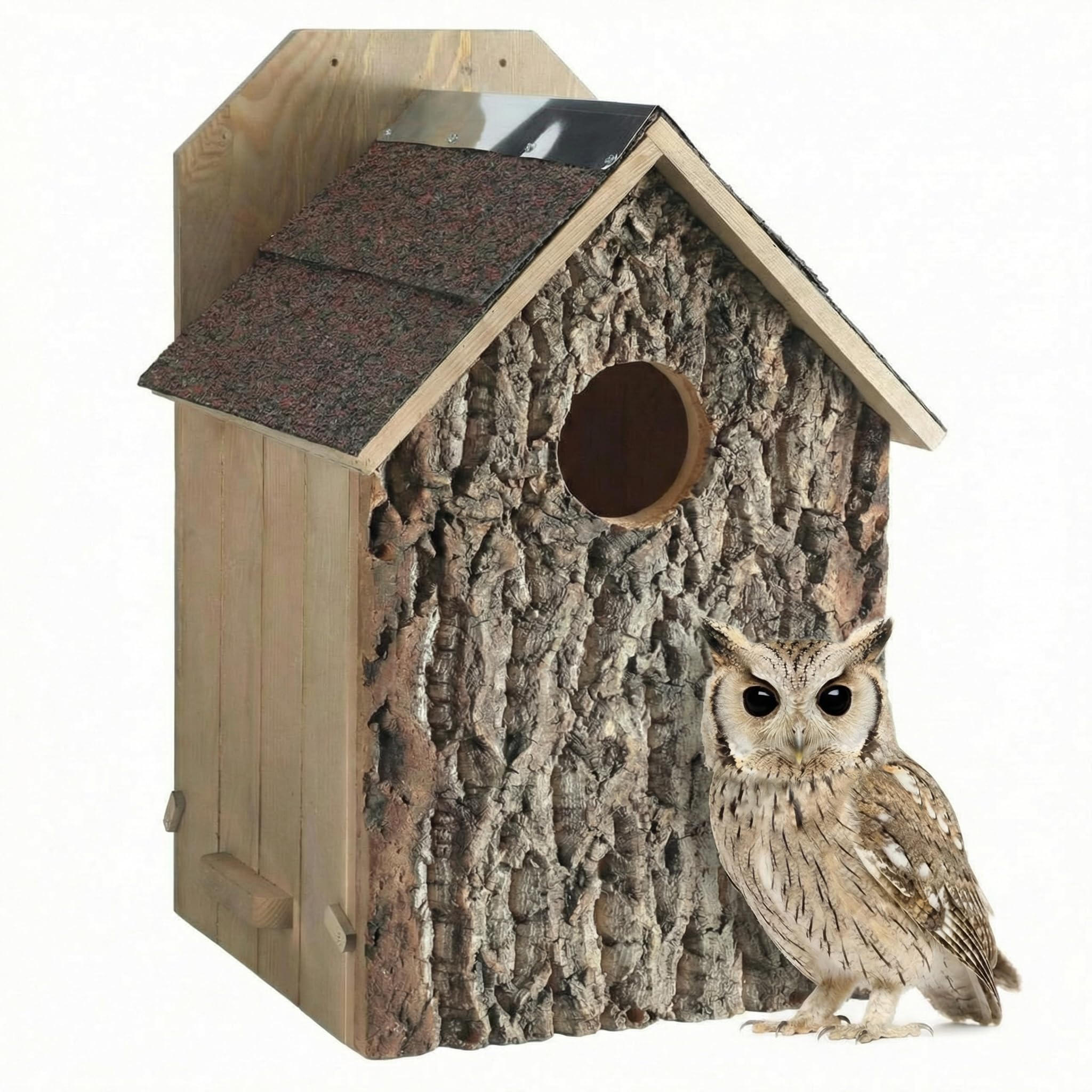 Weysat Eulenhaus Eule Vogelhaus 30.5 cm x 30.5 cm x 48.3 cm Groß Handgefertigte Holz Runde Öffnung Kreisch Nest Haus Echte Rinde Dach Imprägnierung für Außen Nistkästen für Wildtierliebhaber