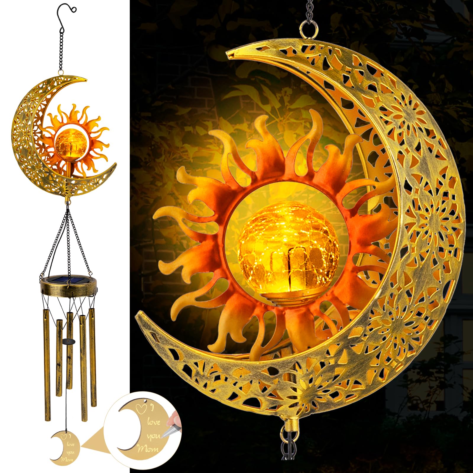 JYPS Sun Moon Solar Wind Chimes, 47-Inch Large Waterproof Windchimes for Outside with Glowing Crackle Glass Ball, Garden Patio Yard Decor Christmas Day Birthday Unique Gifts for Women Mom Grandma Wife