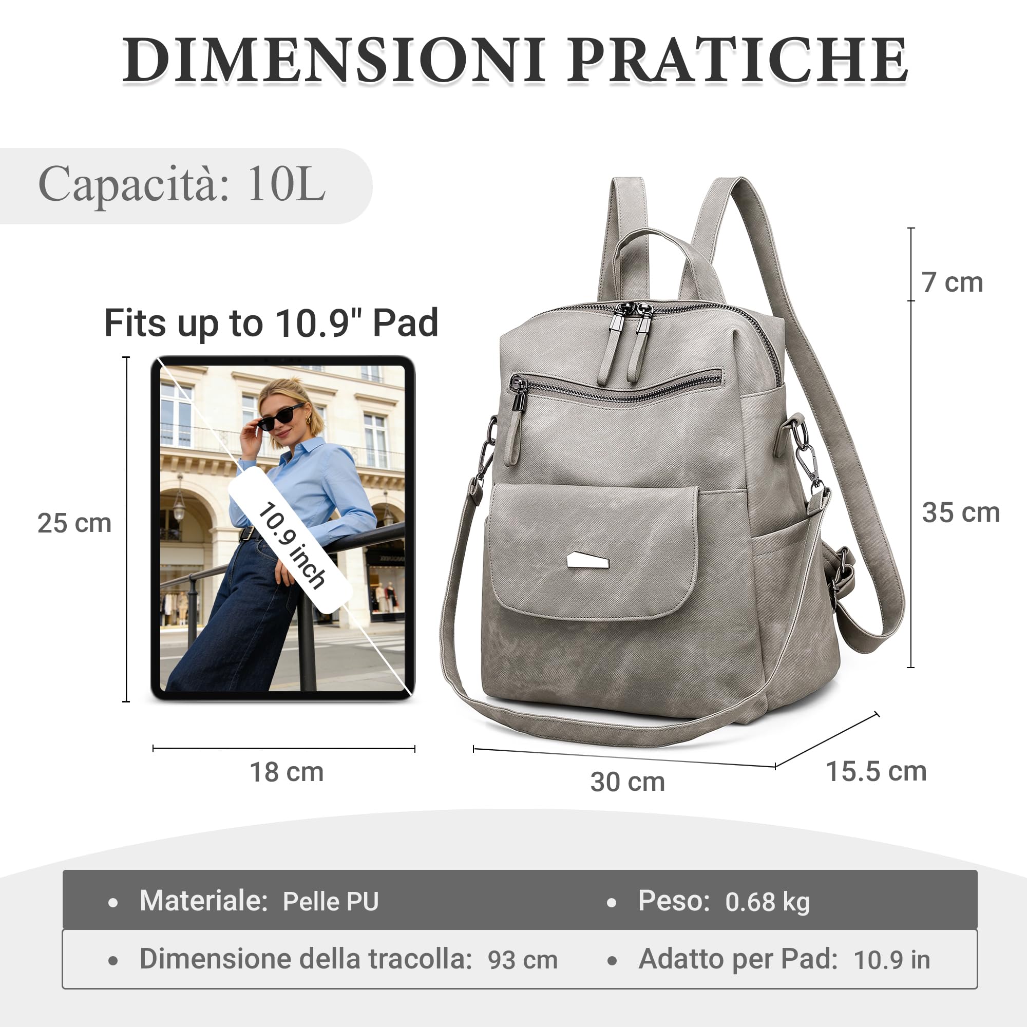 DIRRONA Zaino da Donna Casuale Zaino Donna Alta Capacità Borse a Tracolla Pelle PU Antifurto Impermeabile Daypack Scuola Viaggio Lavoro Borsa Grigio