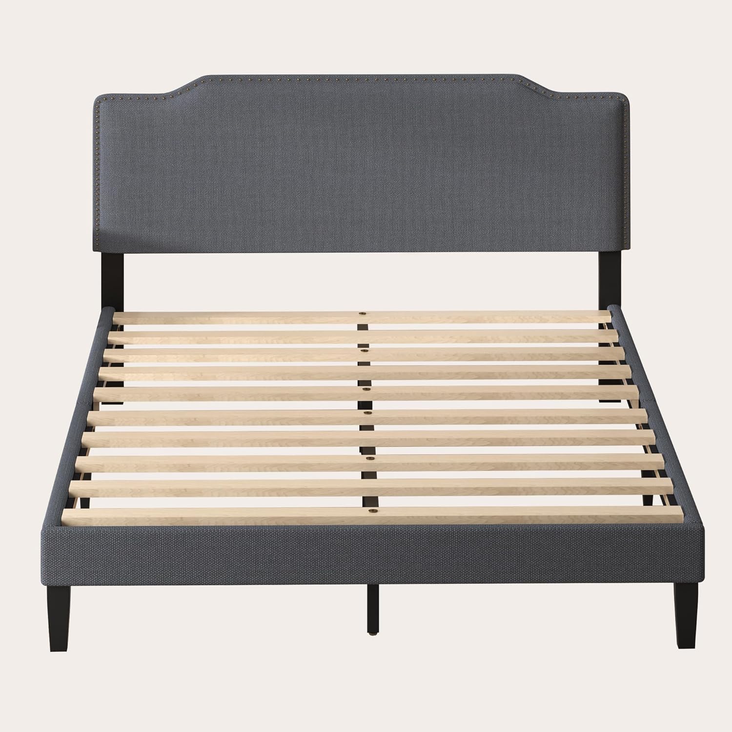 Queen Size Bed Frame with Upholstered Headboard, Platform Bed with Soft Linen Adjustable Headboard | Elegant Studded Design | Wooden Slats | No Box Spring Needed, Queen Bed Frame Dark Grey