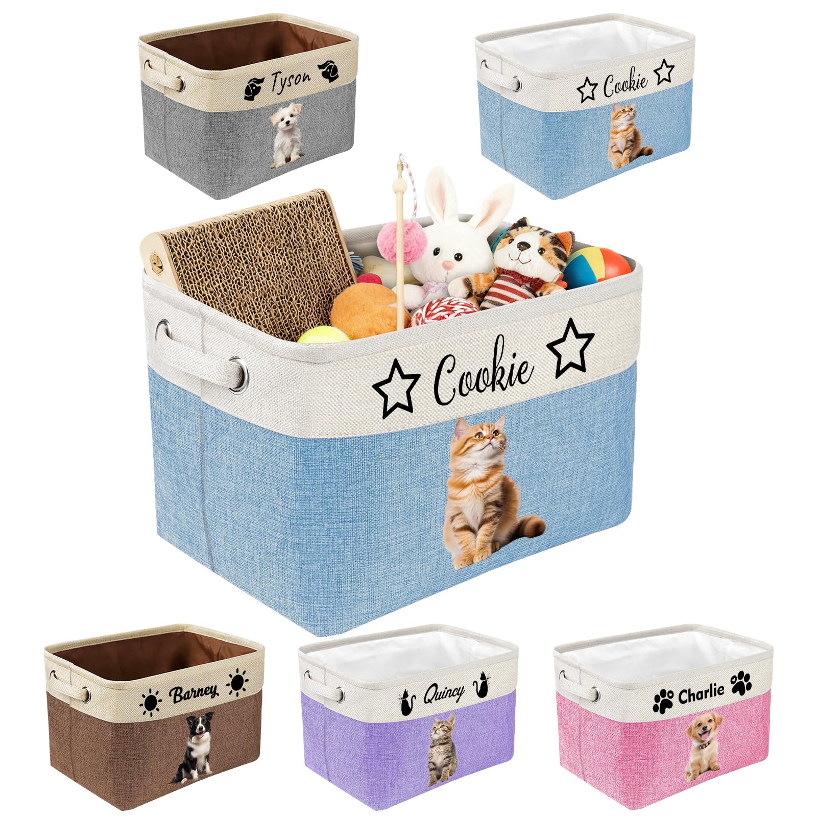 Roseshore Personalised Dog Toy Storage Basket with Photo Name Custom Dog Food Organiser Fabric Bins for Clothes Blankets Dolls-Blue
