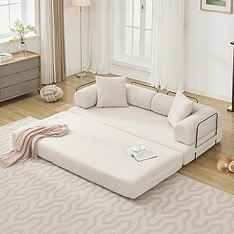Convertible Sleeper Sofa Bed with Cylindrical Pillow, Corduroy Folding Mattress Couch with Fixed-Shape Frame, Floor Sofa Lounge Couch for Living Room Bedroom Lounge Studio, Beige