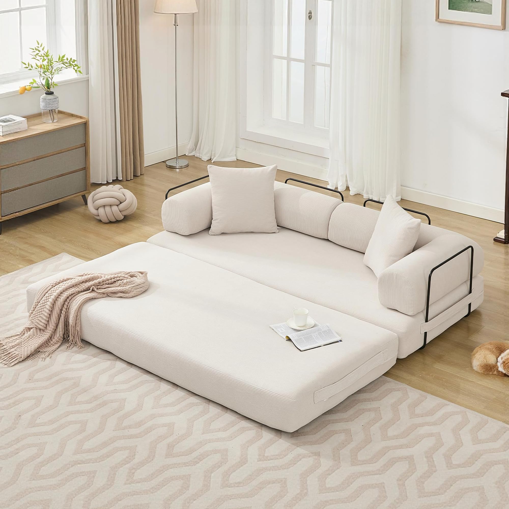 ZEIINPA Convertible Sleeper Sofa Bed with Cylindrical Pillow, Corduroy Folding Mattress Couch with Fixed-Shape Frame, Floor Sofa Lounge Couch for Living Room Bedroom Lounge Studio, Beige