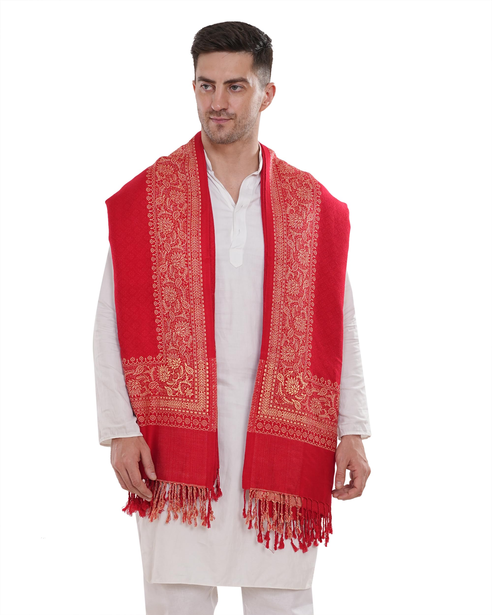 manra Men’s Kashmiri Wool Shawl – Floral Border & Tassels | Self Design Luxury Ethnic & Wedding Stole-picture-13