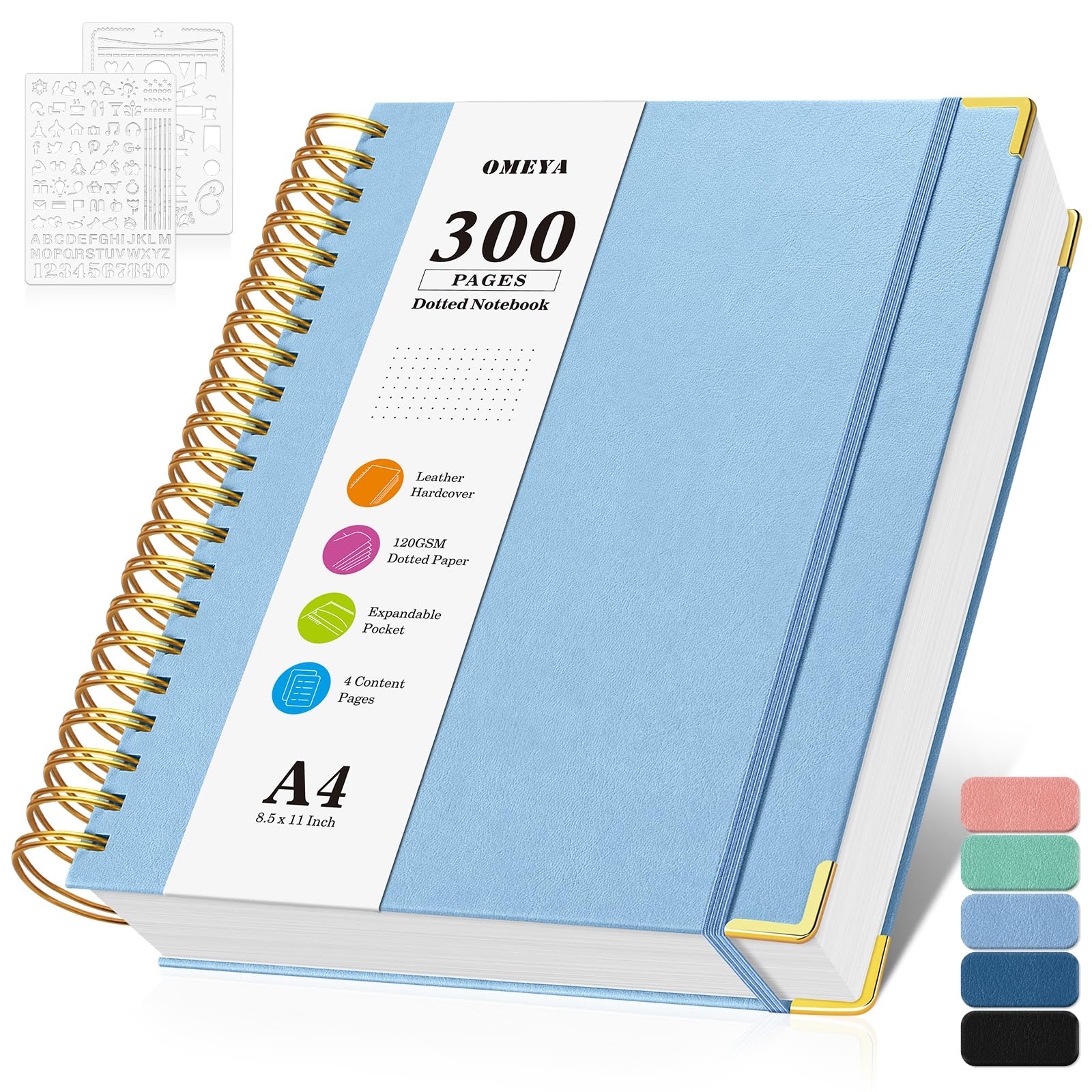 A4 Notebook, Bullet Dotted Journal Notebooks, 300 Pages Leather Note Book, 120 GSM Thick No Bleed Through Paper Journals, Large Dot Grid Notebook for Women Men Work Writing, 21.5 x 27.9cm, Light Blue — image 1