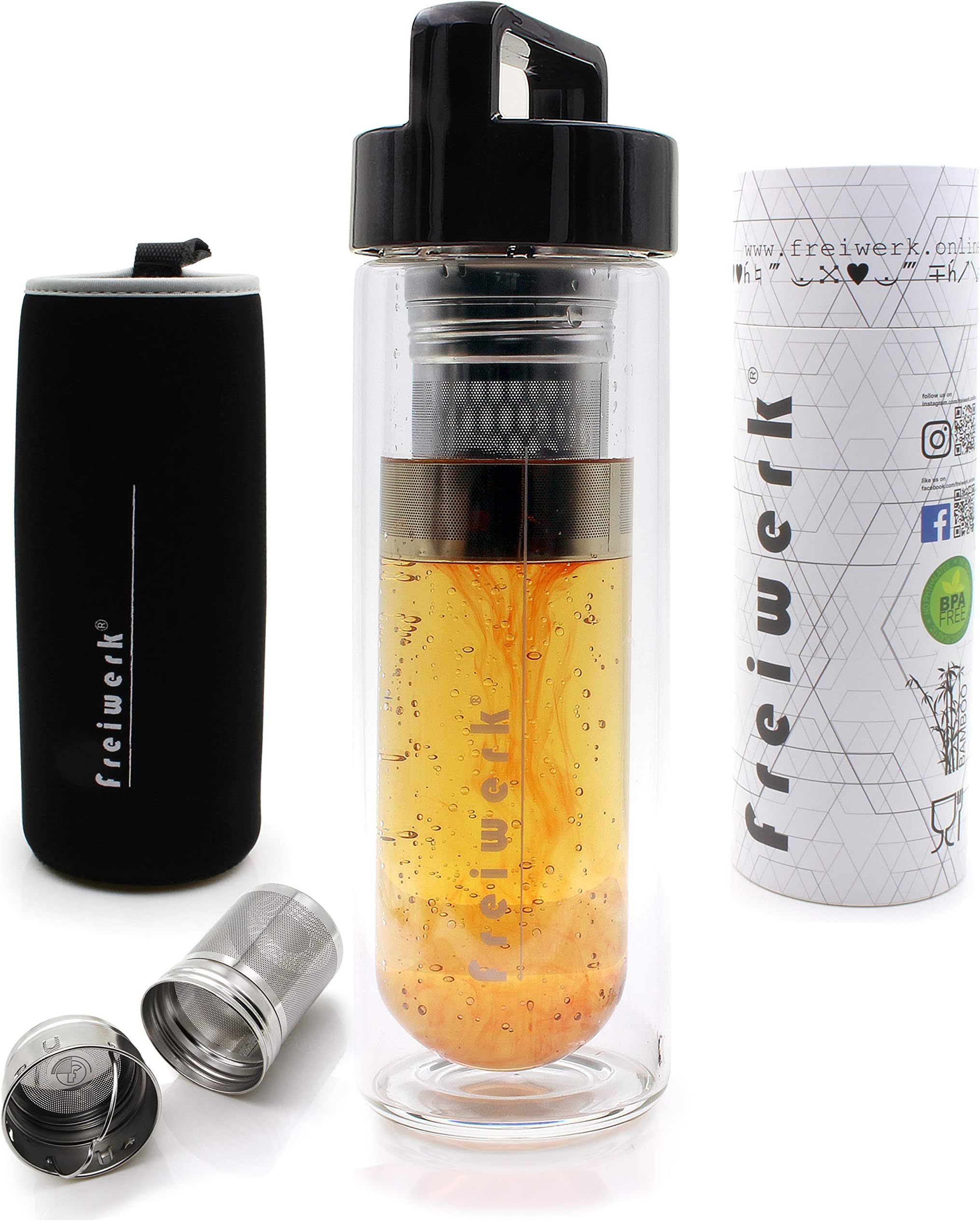 Tea Thermo Bottle Maker Strainer Tea Maker Infuser Glass Double-Walled BPA Free Neoprene Black lid Black 400ml