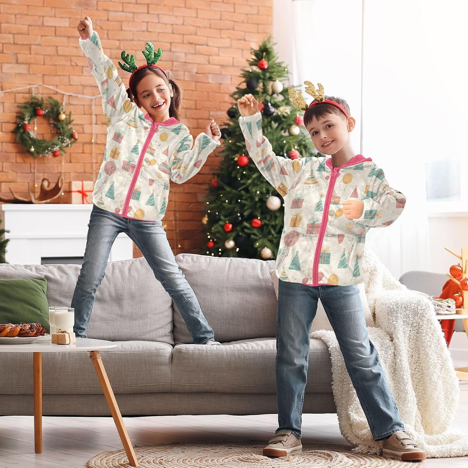 Girls Hoodie Outfit Balloons Gifts Santa Hats Pattern Zipper Sweatshirt Coat Fleece Jacket for Kids 3-10T