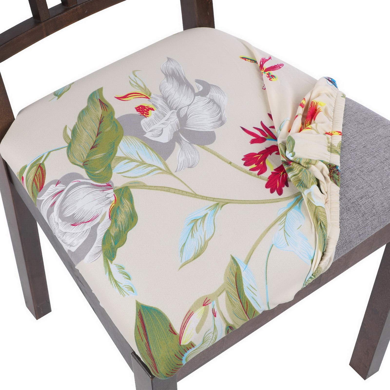SearchI Seat Covers for Dining Chairs, 6 Pack Stretchable Removable Dining Room Chair Seat Covers, Kitchen Chair Seat Covers Protectors(Beige+Flower)