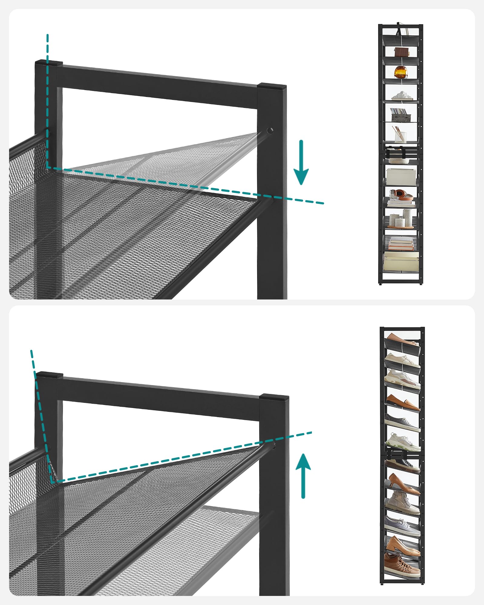 SONGMICS Étagère à Chaussures à 12 Niveaux, Empilable, Étagère de Rangement en Métal, Planches Réglables, 30,7 x 92,5 x 223 cm, 48-60 Paires, Noir LMR12B