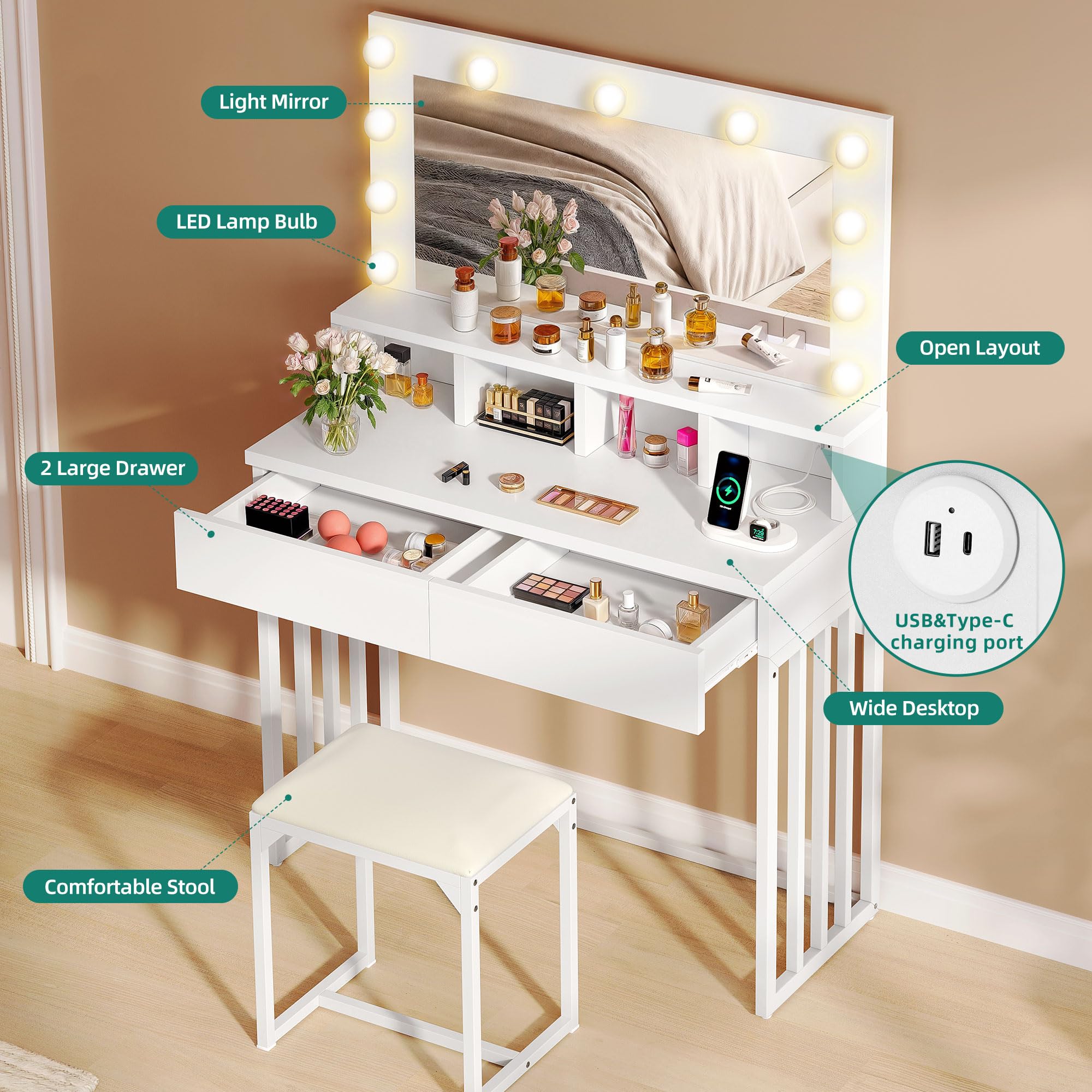 YITAHOME Coiffeuse avec Miroir et Tabouret, avec 2 tiroirs, lumières LED Hollywood, luminosité réglable, Table de Maquillage avec Pieds en métal, pour Chambre à Coucher, Blanc