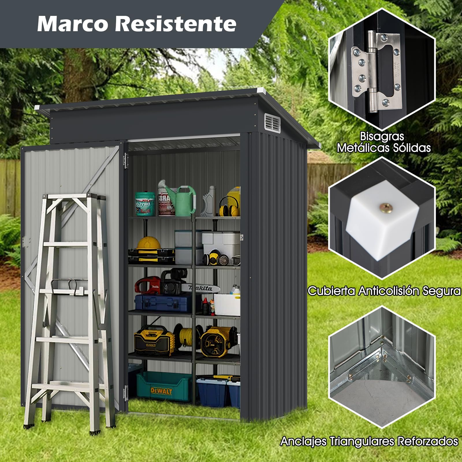 GOPLUS 1.88 m³ Cobertizo de Jardín Estanco con Puerta Corredera y Ventanas, 150 x 88 x 185 cm，Metal Galvanizado, Almacenamiento para Dispositivos, Herramientas de Jardinería(Gris Oscuro)