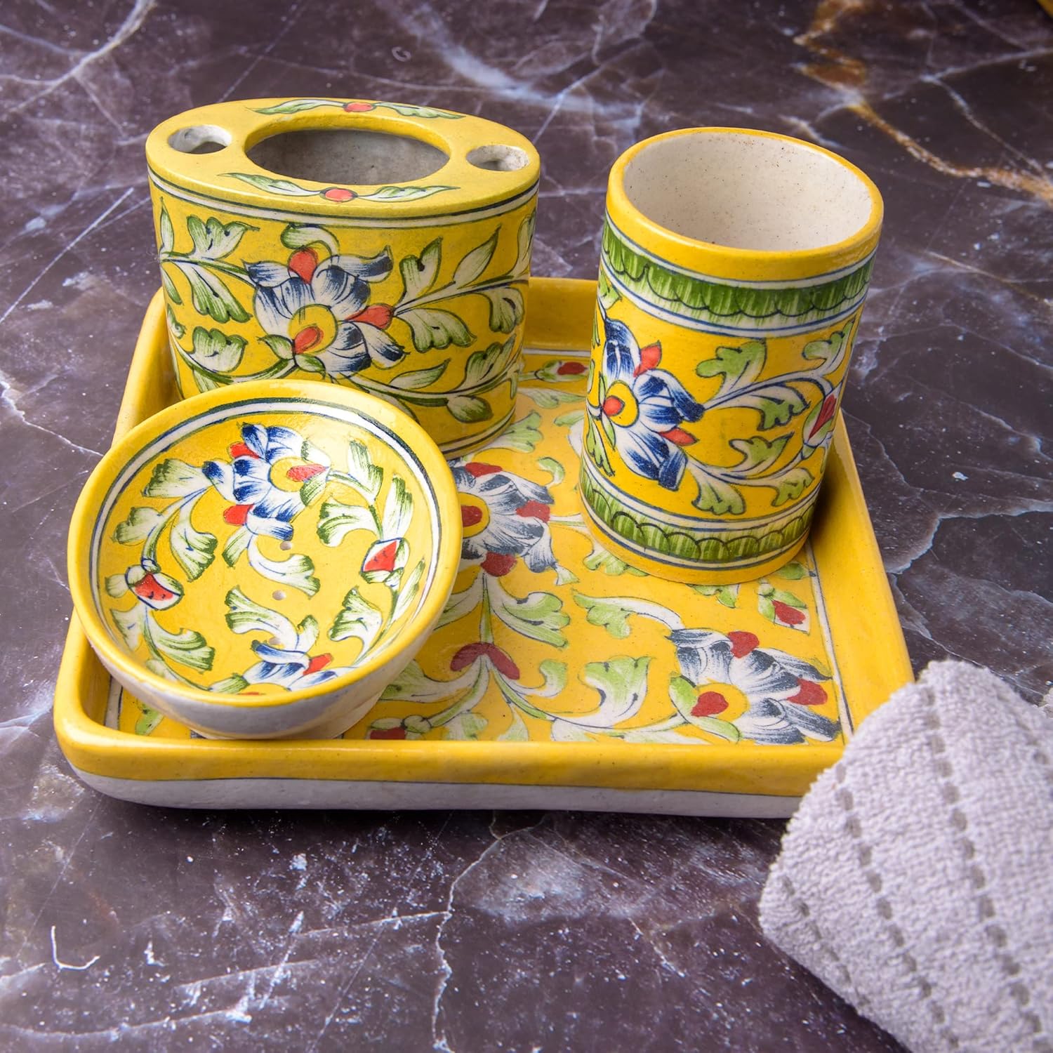 Ceramic Bathroom Set/Accessories, Ceramic Toothbrush Holder, Soap Dispenser, Tray and Soap Dish [Yellow] Ceramic Set for Kitchen Sink and Bathroom Countertop Storage and Organization
