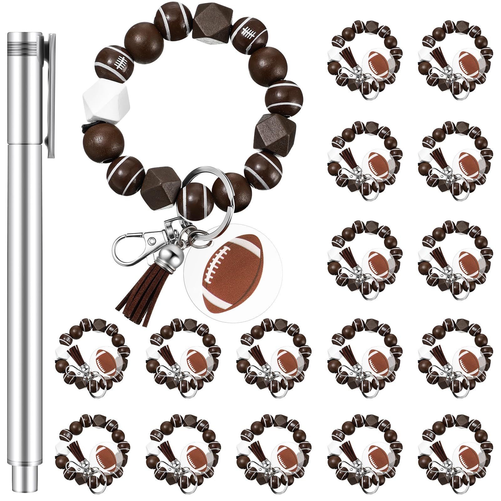 Siifert 20 Pcs Football Keychain Team Gifts Wood Bead Sports Charm Wristlet Bracelets for Coach Soccer Sport Party Supplies