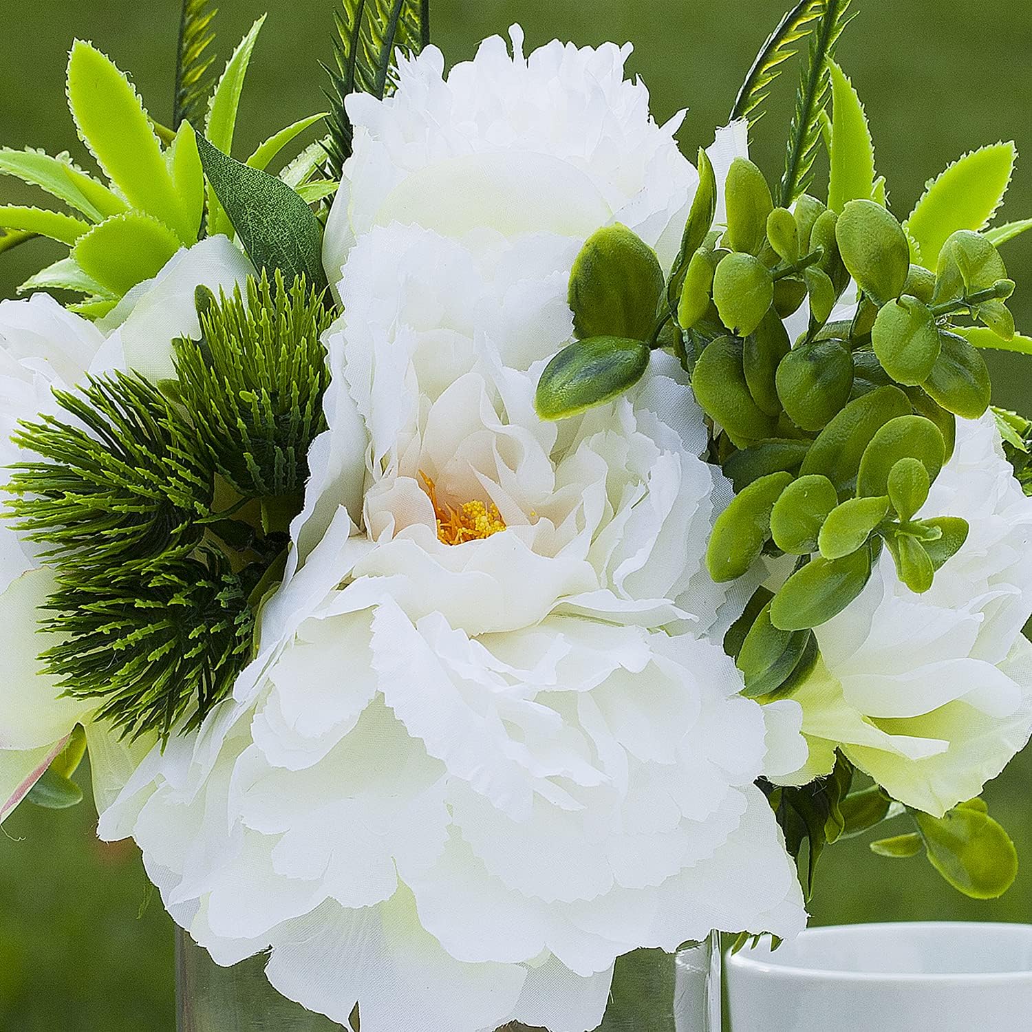 Enova Floral Mixed Artificial Silk Peony Faux Flowers Arrangement in Cylinder Glass Vase with Faux Water for Home Office Wedding Decor