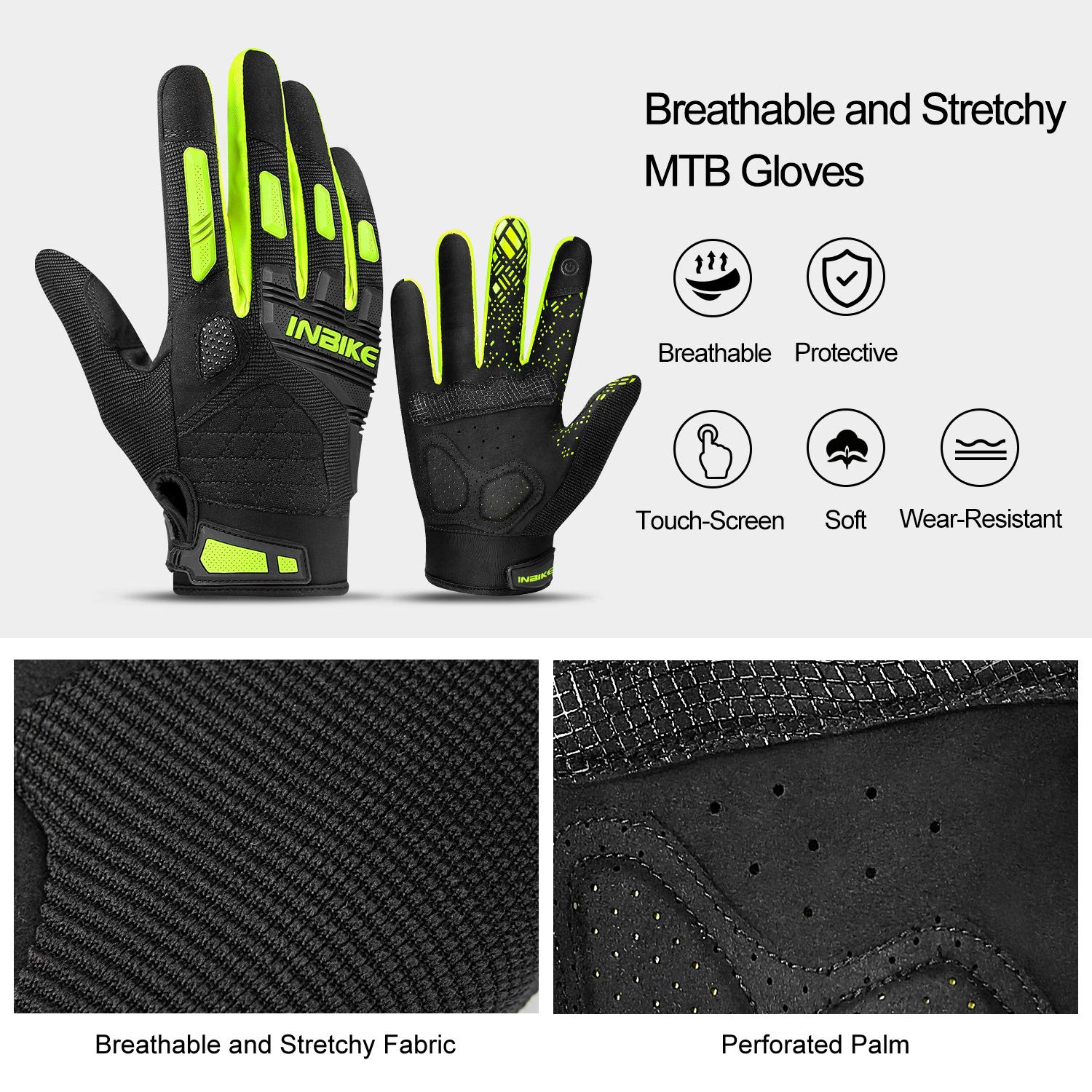 INBIKE Gants VTT Super Extensible et Respirant Gants Velo Anti-Choc et Antidérapant Idéal pour Cyclisme Exercice Sport Running S-XXL (MC020)