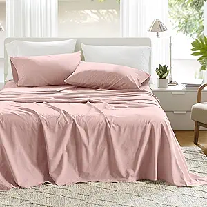 Comfort Spaces 100% Cotton Sheets Full, Breathable & Ultra Soft Cotton Sheets, Naturally Cool Cotton Bed Sheets with 14" Elastic Pocket Fits up to 16" Mattress, All Seasons Sheet Set, Pink 4 Piece