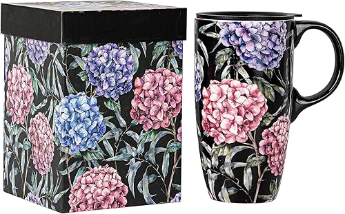 DUSVALLY Taza de café de cerámica,Taza de té de 17 onzas,Taza de porcelana linda con mango y caja de color,Hortensia