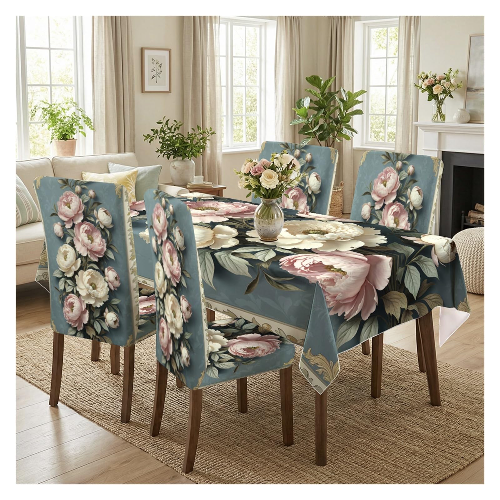 BOSUYBN Stretch Dining Chair Slipcover & Tablecloth Set, Teal Background Peony Floral Print, 5/7 Pack, Elegant Vintage Farmhouse Dining Decor Table Setting(5pcs Set: Tablecloth+Chair Covers)
