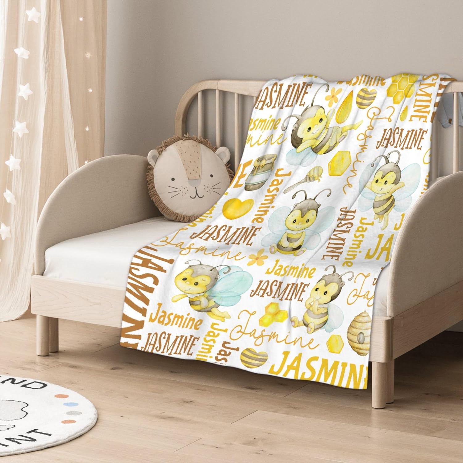 Personalized Baby Blanket for Girls Boys Bee Custom Baby Blanket with Name Swaddle Blanket for Toddlers Infants Kids Shower Newborns Nursery Stroller Crib Decor Throw Birthday Gift