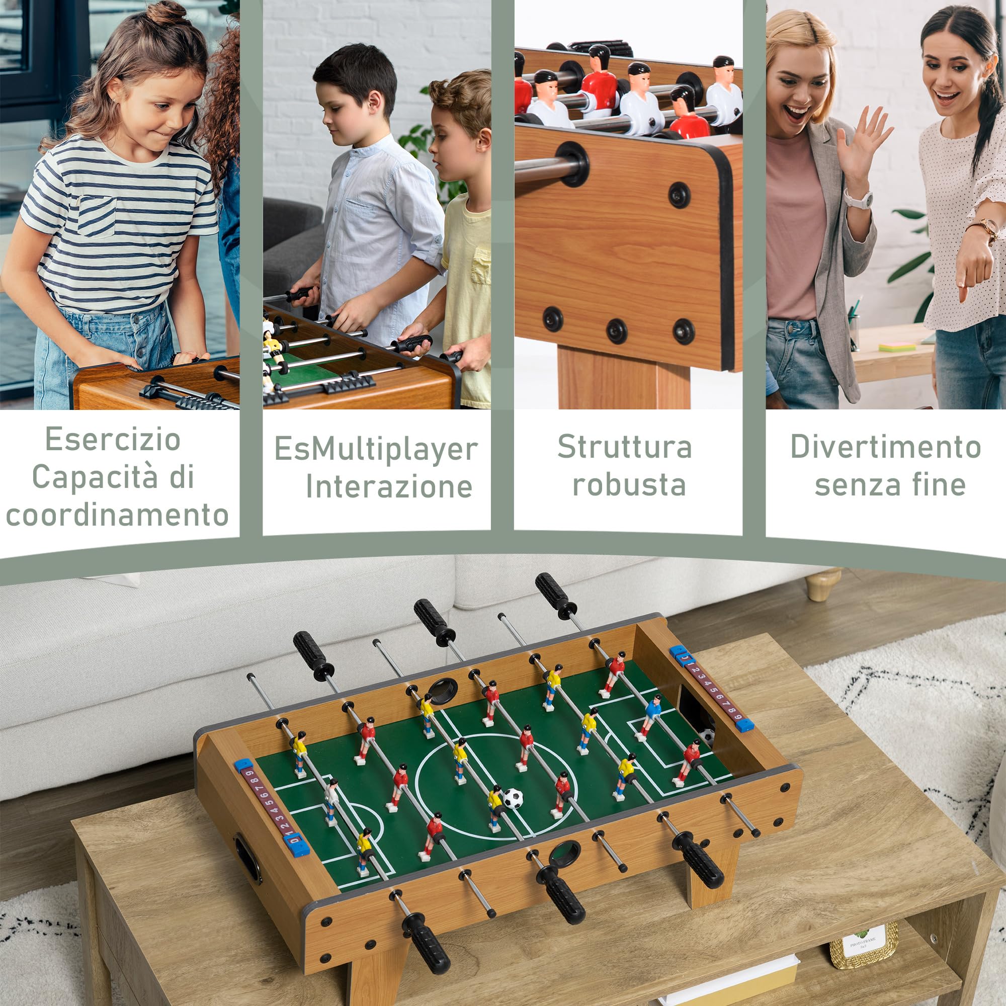 HOMCOM Calcio Balilla Adulti Bambini 2 Palline 69x36.5x22 cm Color Legno | 18 Giocatori e Segnapunti, Calcetto Balilla in MDF, per Casa Scuola, per 2-4 Persone