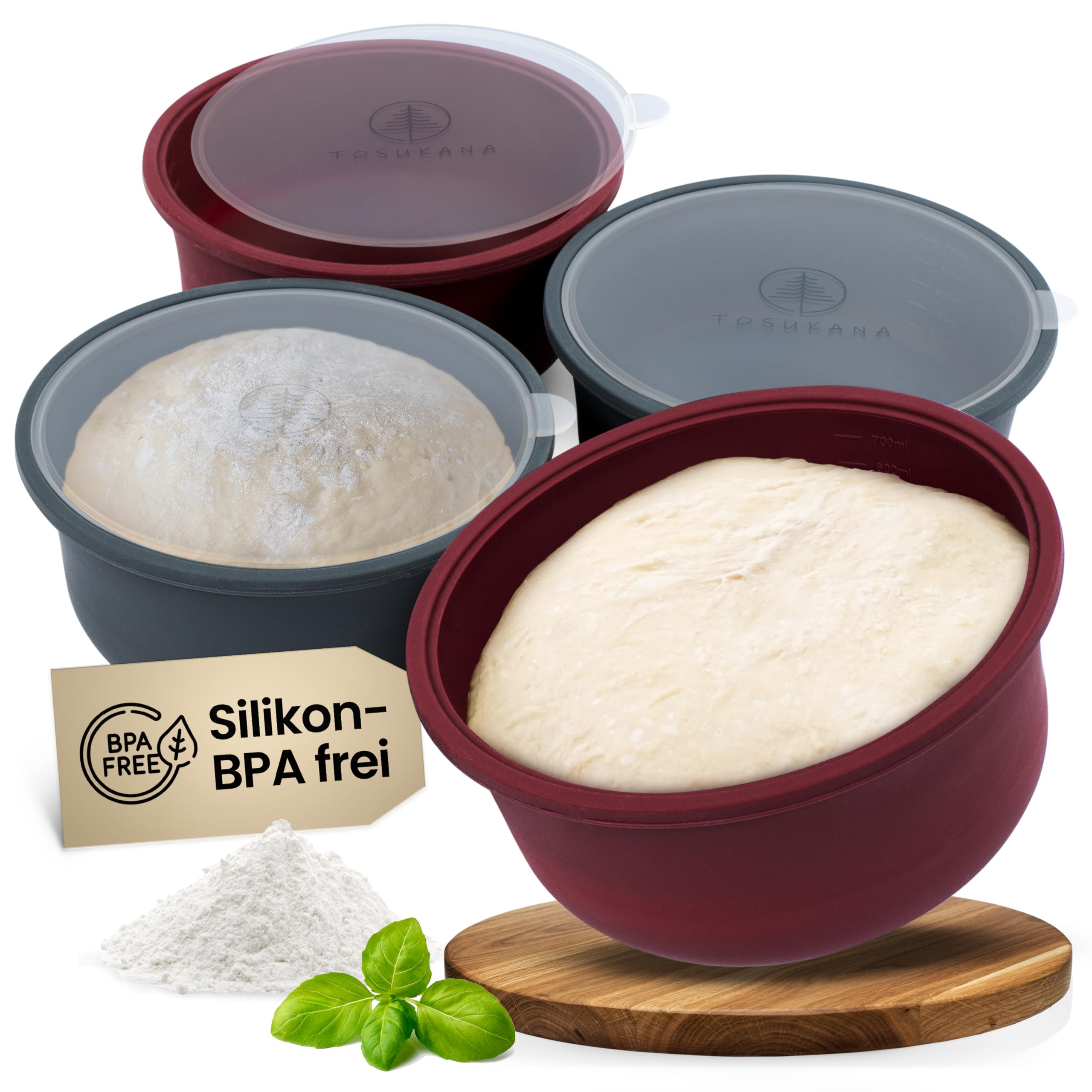 Pizzaballenbox mit Deckel - 4er Set Teigbox aus antihaftendem Silikon - platzsparend Pizzateig gären - Pizza-Zubehör - stapelbare Gärbox - rund - 700 ml - für 250-300g Teiglinge