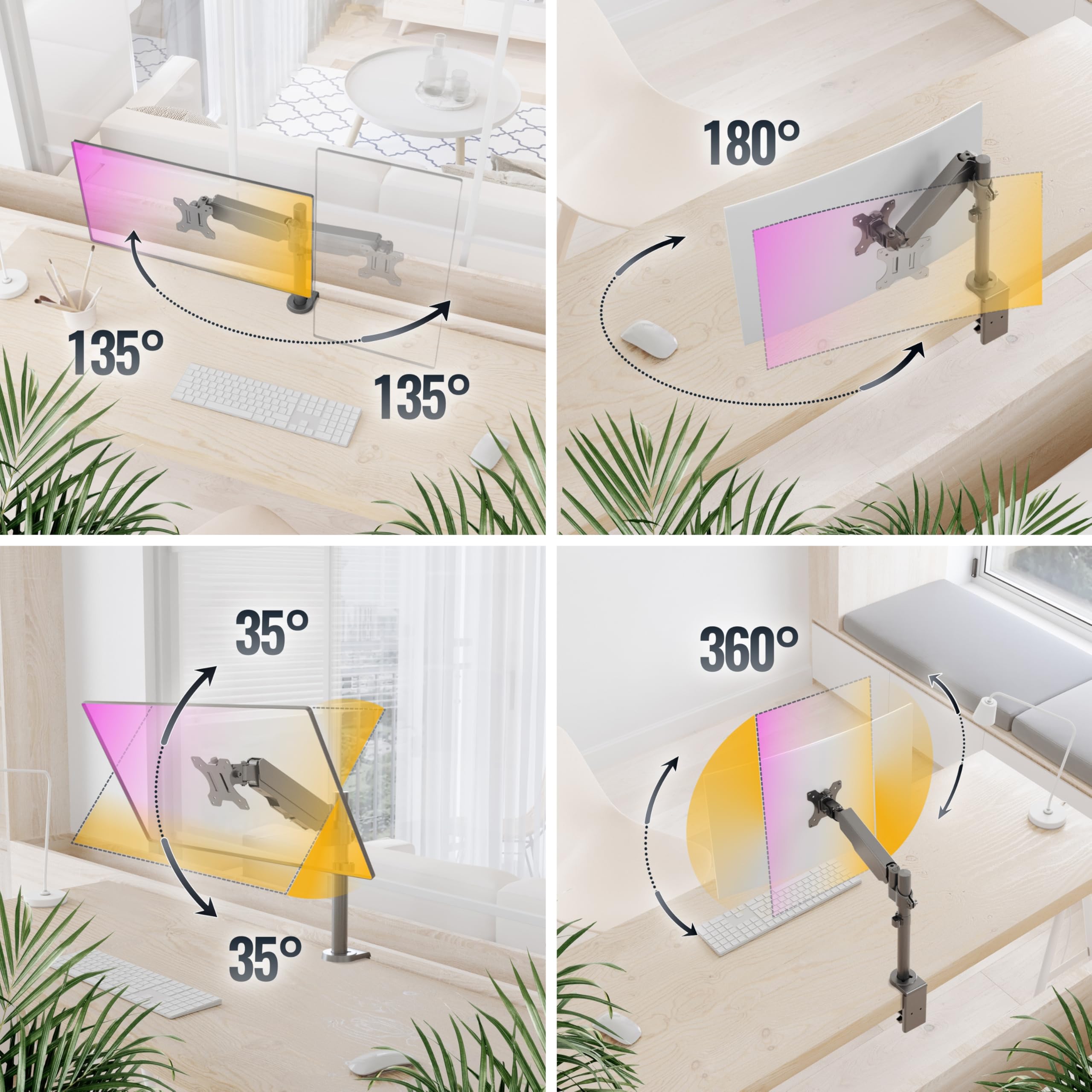 RICOO TS9511 Support Écran PC TV 13 17 19 22 24 27 28 32 34 Pouces VESA 75x75 100x100 Ressort à gaz Orientable Inclinable Rotatif Universel Fixation Bureau Pince de Table