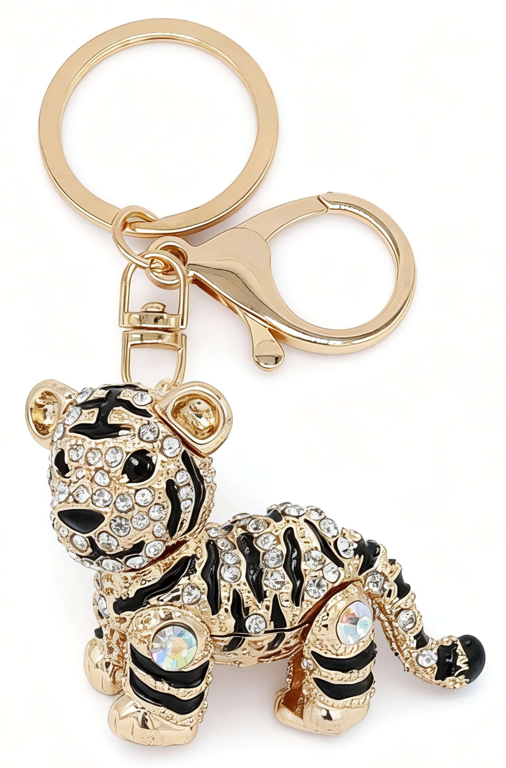 Moydolo Unisex Gold Cute Tiger Keychain Bag Charms Crystal Rhinestone Tiger Key Chain Ring Pendant For Women Handbag Purse Bags