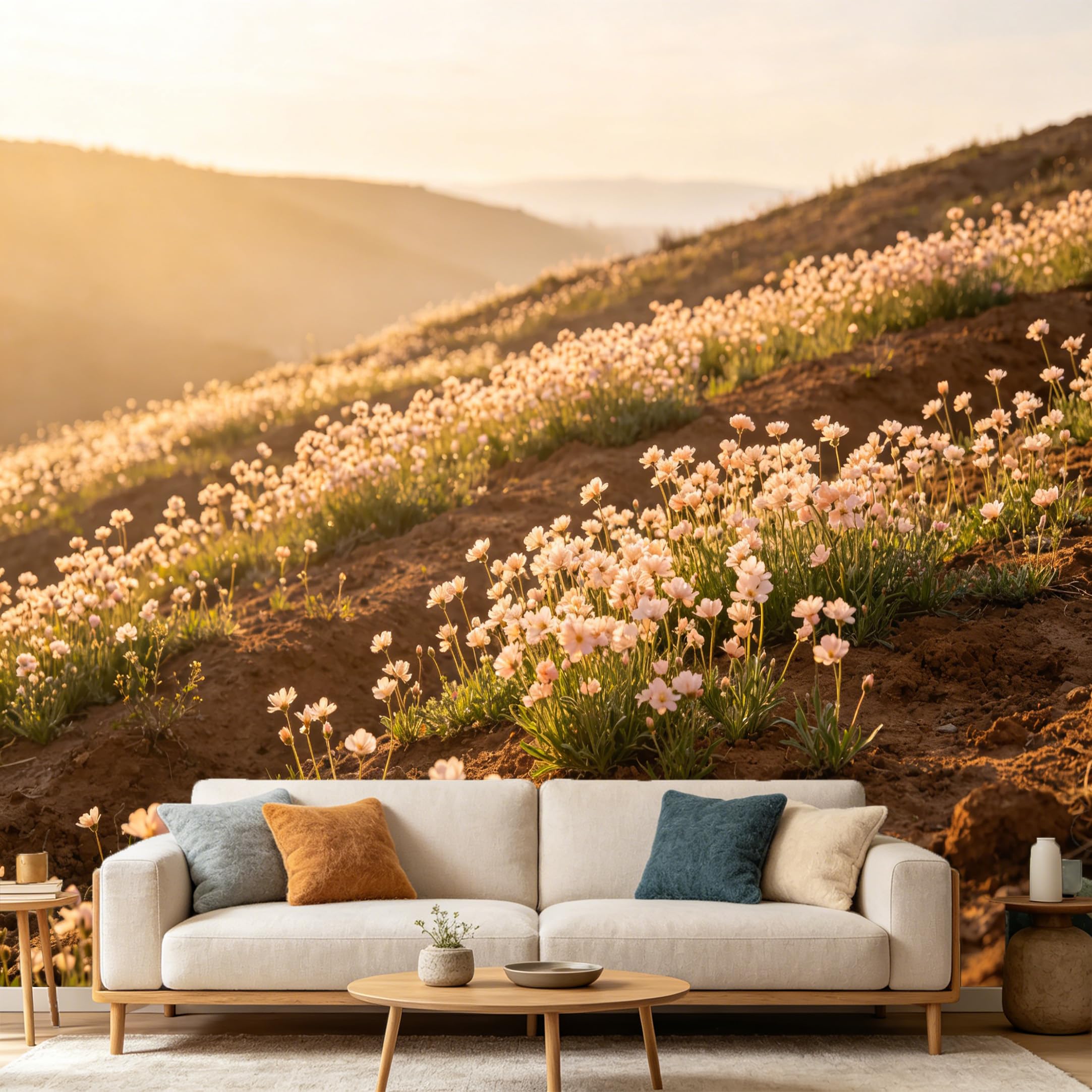 Custom Size Wall Mural Botanical Golden Hour Wildflowers Hillside Landscape SelfAdhesive Art Prints wall Fabric (No PVC) Removable Wallpaper Home Bedroom Decor
