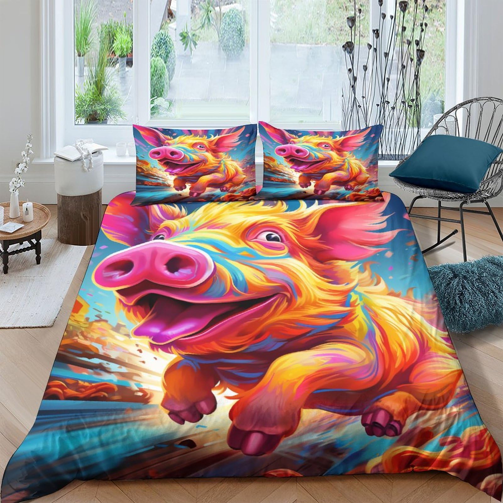 Parure de lit cochon 3D en microfibres 200x200 cm avec housse de couette et taies
