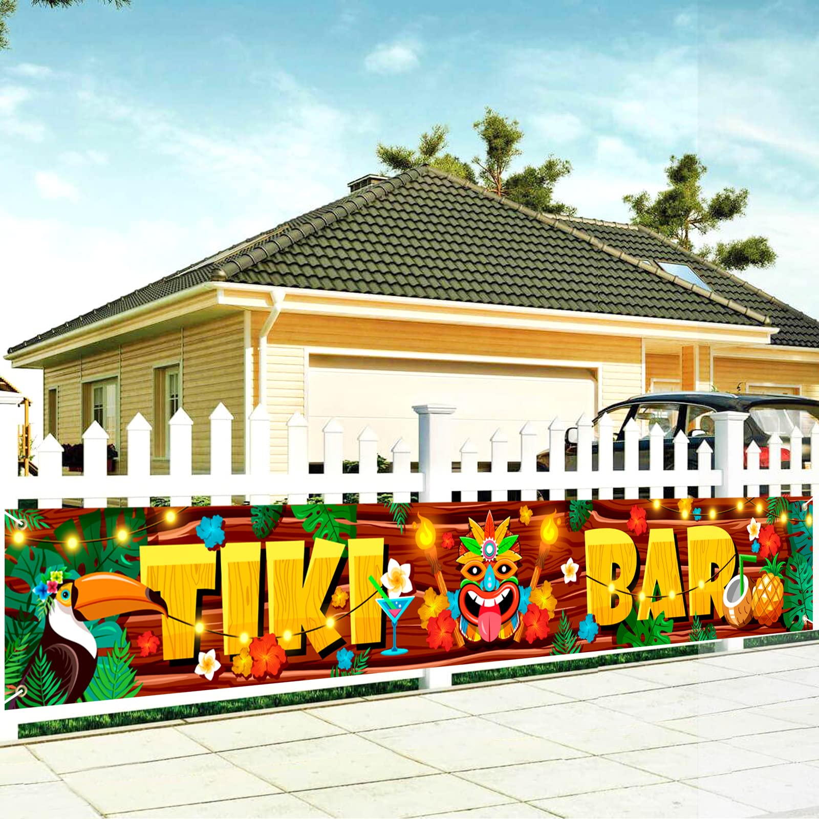 DPKOW Tiki Bar Banner for Hawaiian Party Decorations, Fabric Hawaiian Tropical Party Banner Luau Tiki Photo Backdrop for Tiki Bar Accessories Baby Shower Birthday Summer Party Decorations, 270 * 40cm