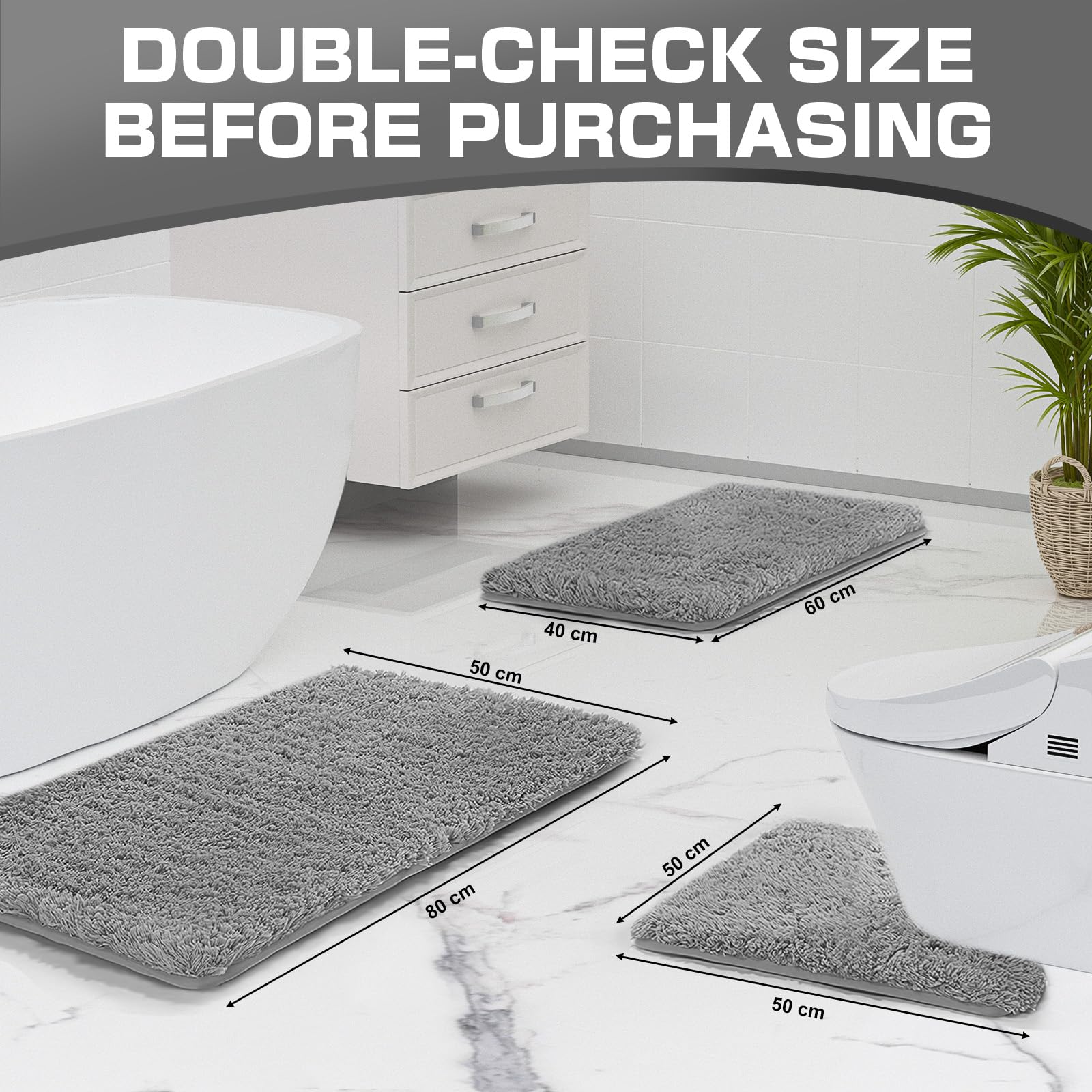 wyewye Microfibre Bath Mats, 2cm Super Thick Bath Rugs, Super Absorbent Bathroom Rugs 50x80cm and 40x60cm, Grey - Image 2