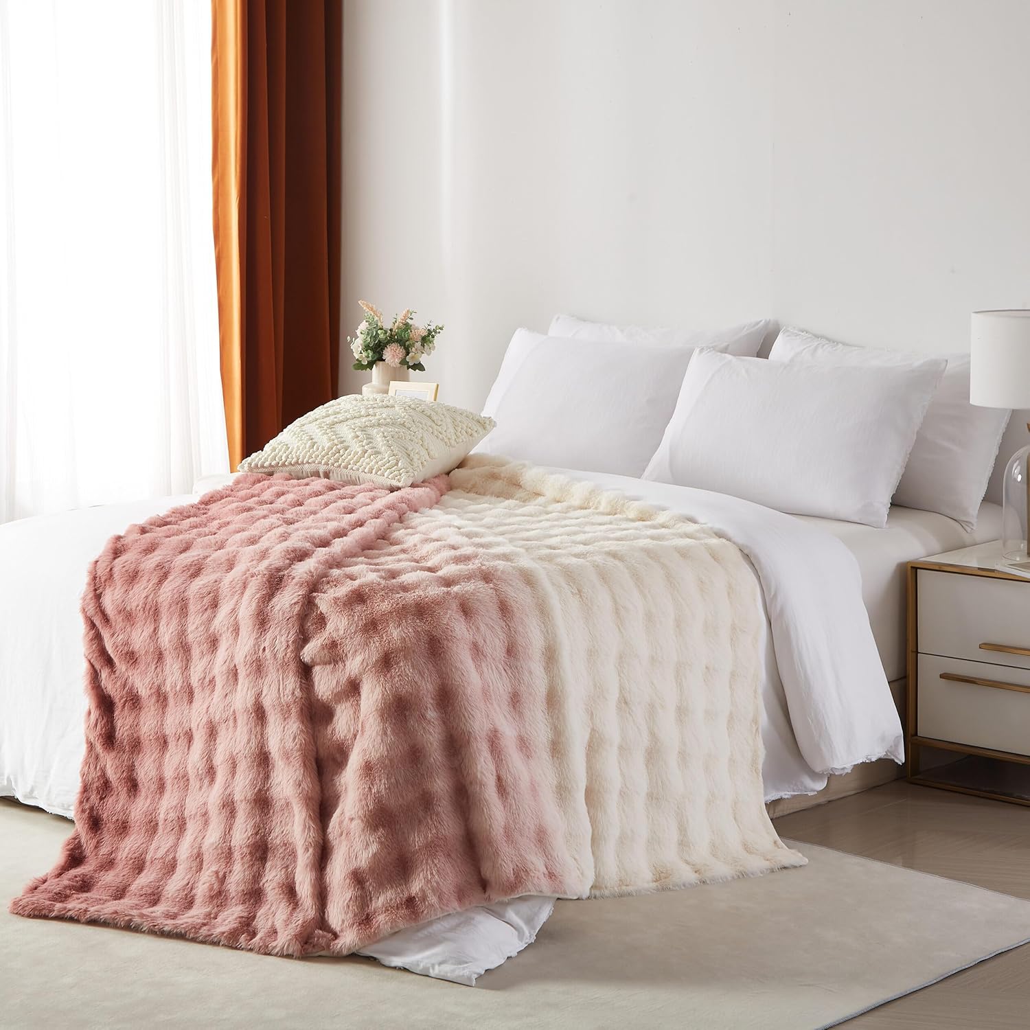 Gradient Rose Pink Faux Rabbit Fur Bubble Throw Blanket Heavy Warm Thick Furry Fuzzy Bed Blanket Fluffy Long Shaggy Plush Blanket for Couch Bed Sofa Chair Living Room, 60 x 80 Inches