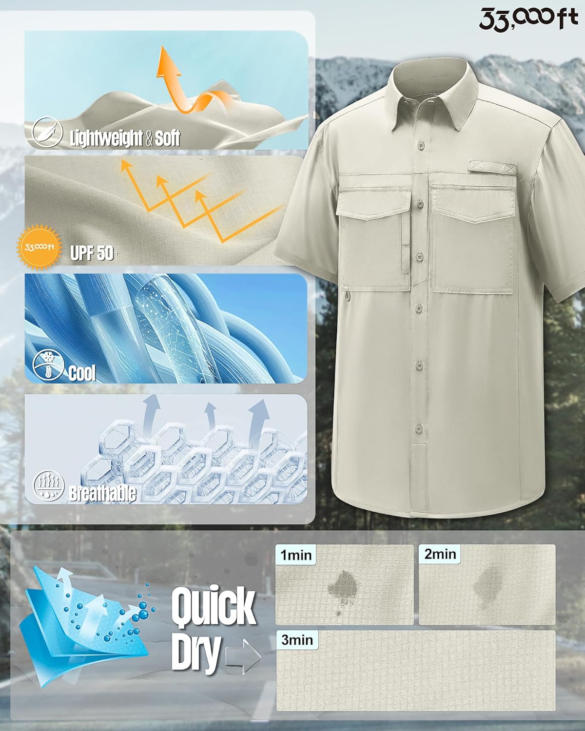 33,000ft Men's Fishing Shirts Lightweight Cool Quick Dry Sun Protection UV Short Sleeve Shirt for Casual Hiking Safari Travel - Image 6