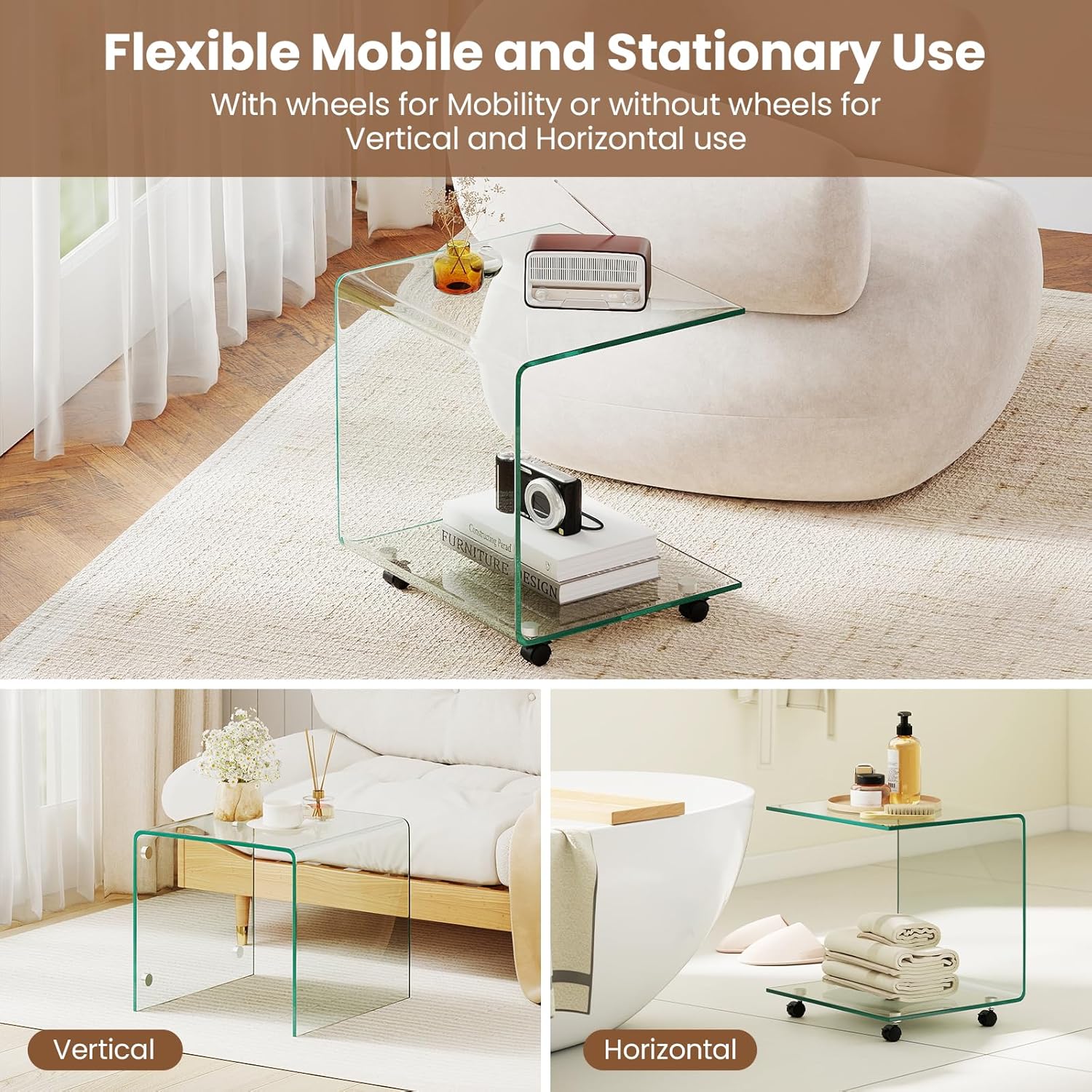 BECOMFORT Tempered Glass C-Shape End Table, Rolling Side Table with 4 Lockable Universal Wheels & Storage, Mobile Clear Night Stand for Sofa Couch Living Room Bedroom Office (1, Clear)