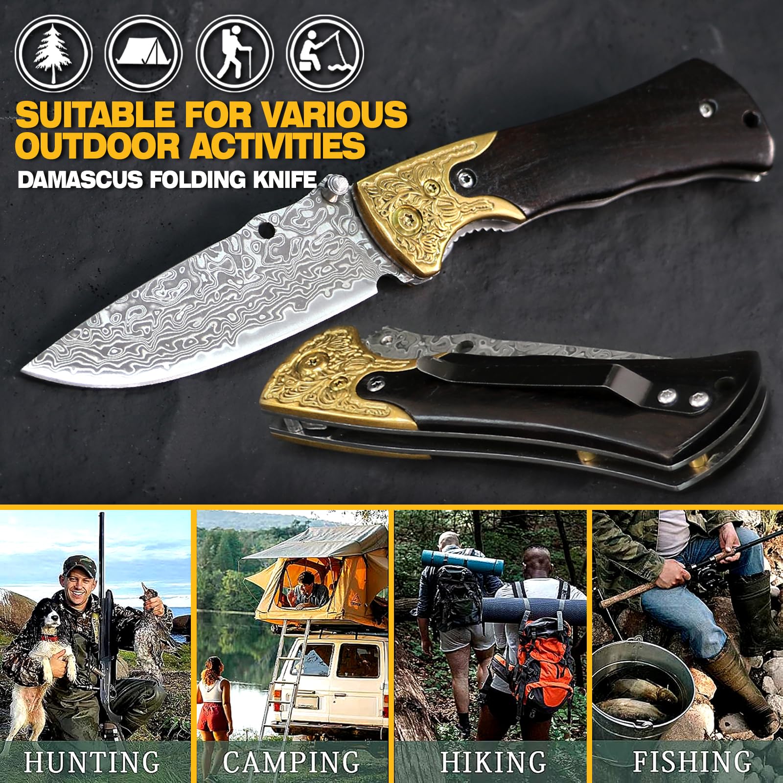 Damast Klappmesser, Handgeschmiedetes EDC Taschenmesser Aus 67-lagigem VG10 Stahl, Tragbares Outdoor Messer Für Camping, Wandern, Angeln Und Bushcraft