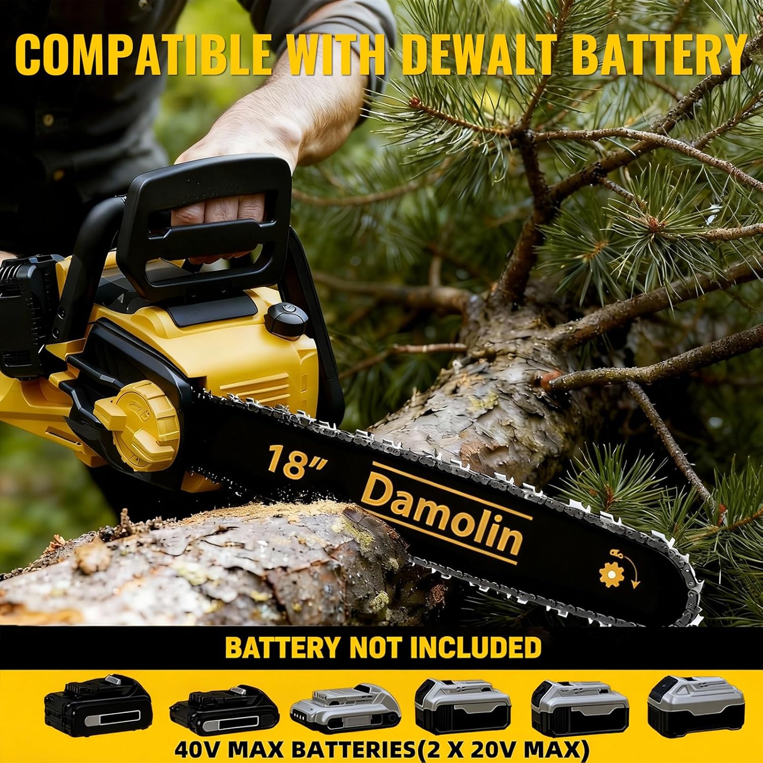 40V(20V*2) 16"+18" 2-IN-1 Brushless Chainsaw Cordless, Electric Powered Chainsaw Compatible with Dewalt Battery with Auto Oiler & Safety Lock Brake, for Tree Trimming Branch Wood Cutting(ONLY TOOL) - Image 4