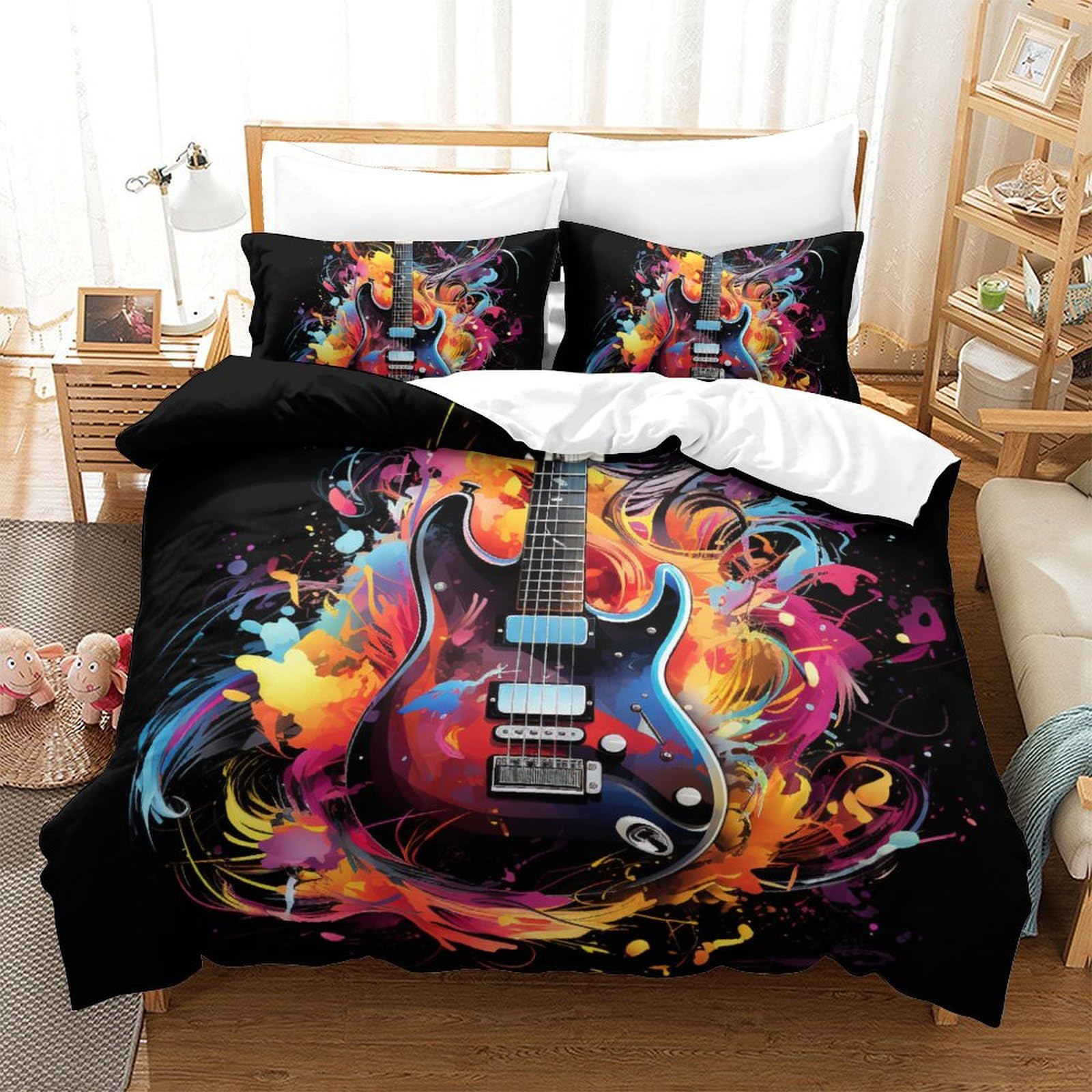 Parure de lit guitare 3D King 220x240cm avec housse de couette et taies pour chambre ado