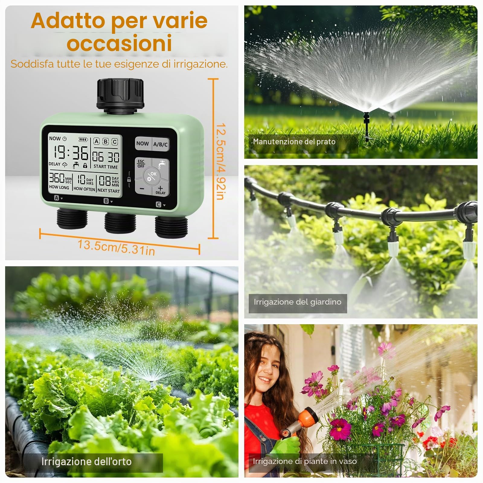 Temporizzatore di Irrigazione Automatico,Timer per l'irrigazione del Giardino con Display LCD,Temporizzatore di Irrigazione Manuale/Modalità Blocco Bambini/Ritardo Pioggia/Impermeabilità IPX5