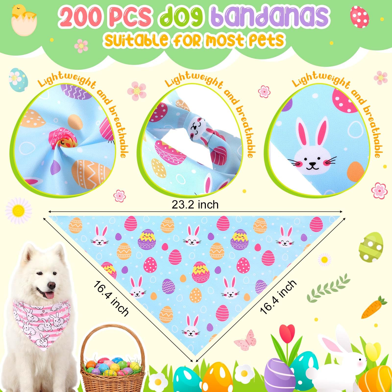 Cuffbow Lot de 200 bandanas de Pâques pour chien en vrac avec dictons - Écharpe triangulaire - Costume pour animal domestique - Tenue réglable - Lavable - Pour animaux de compagnie de petite et