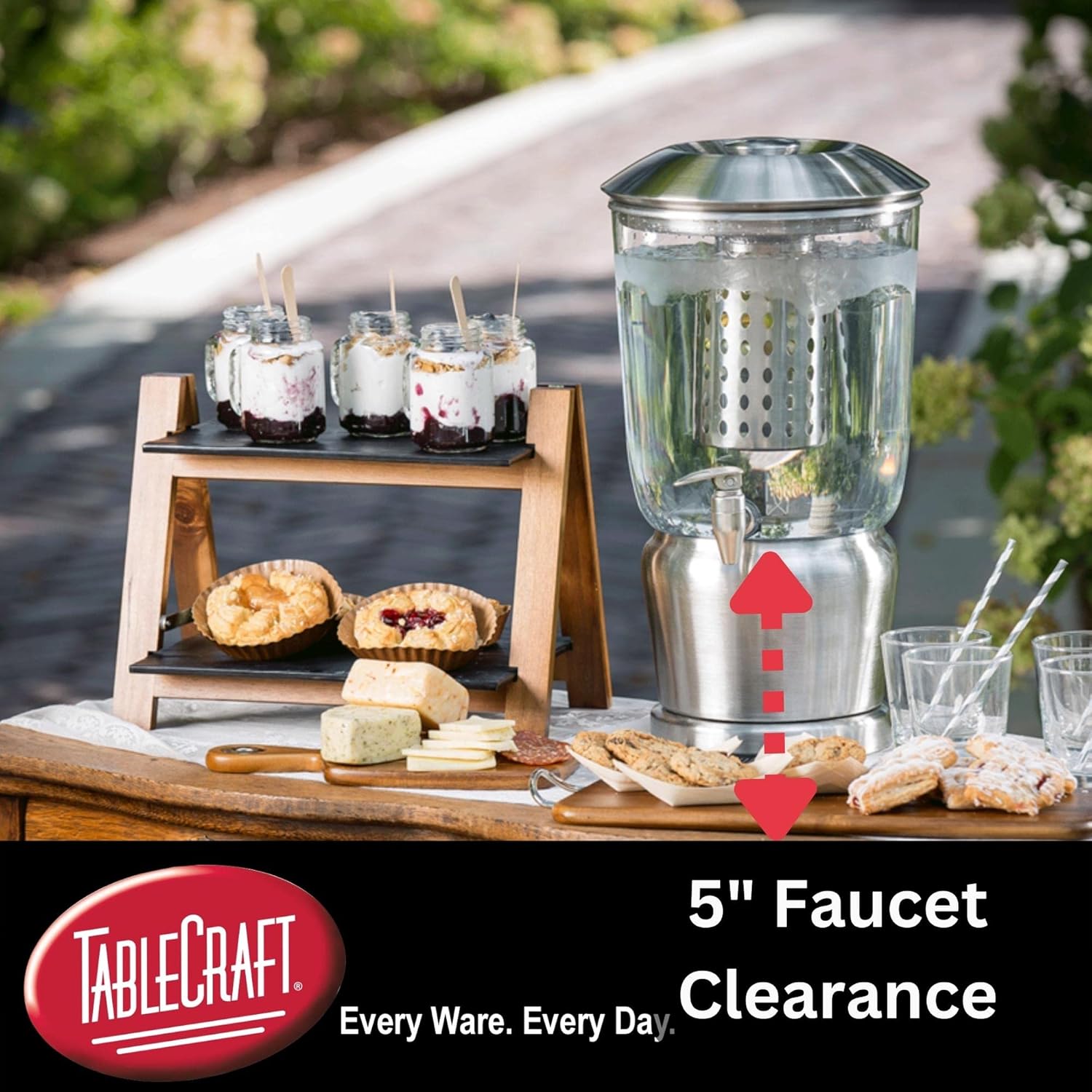TableCraft Single Beverage Dispenser, 1.25 Gal Tritan Reservoir with Infuser and Ice Core, Brushed Stainless Steel Lid and Base, 5" Faucet Clearance, Indoor or Outdoor Use