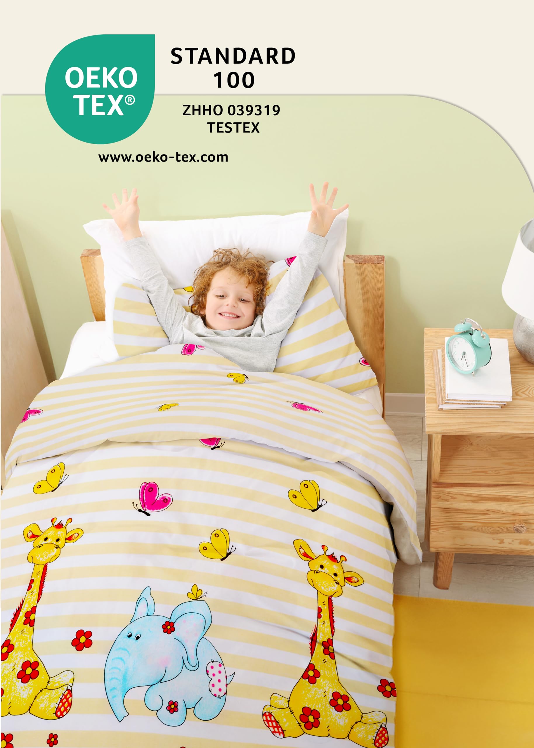 Gräfenstayn Parure de Lit Enfant Bébé 2 Pièces - 100% Coton Motif Animal Girafe Éléphant - Housse Couette 135x100 Taie 60x40 - Oeko-Tex Fermeture Éclair