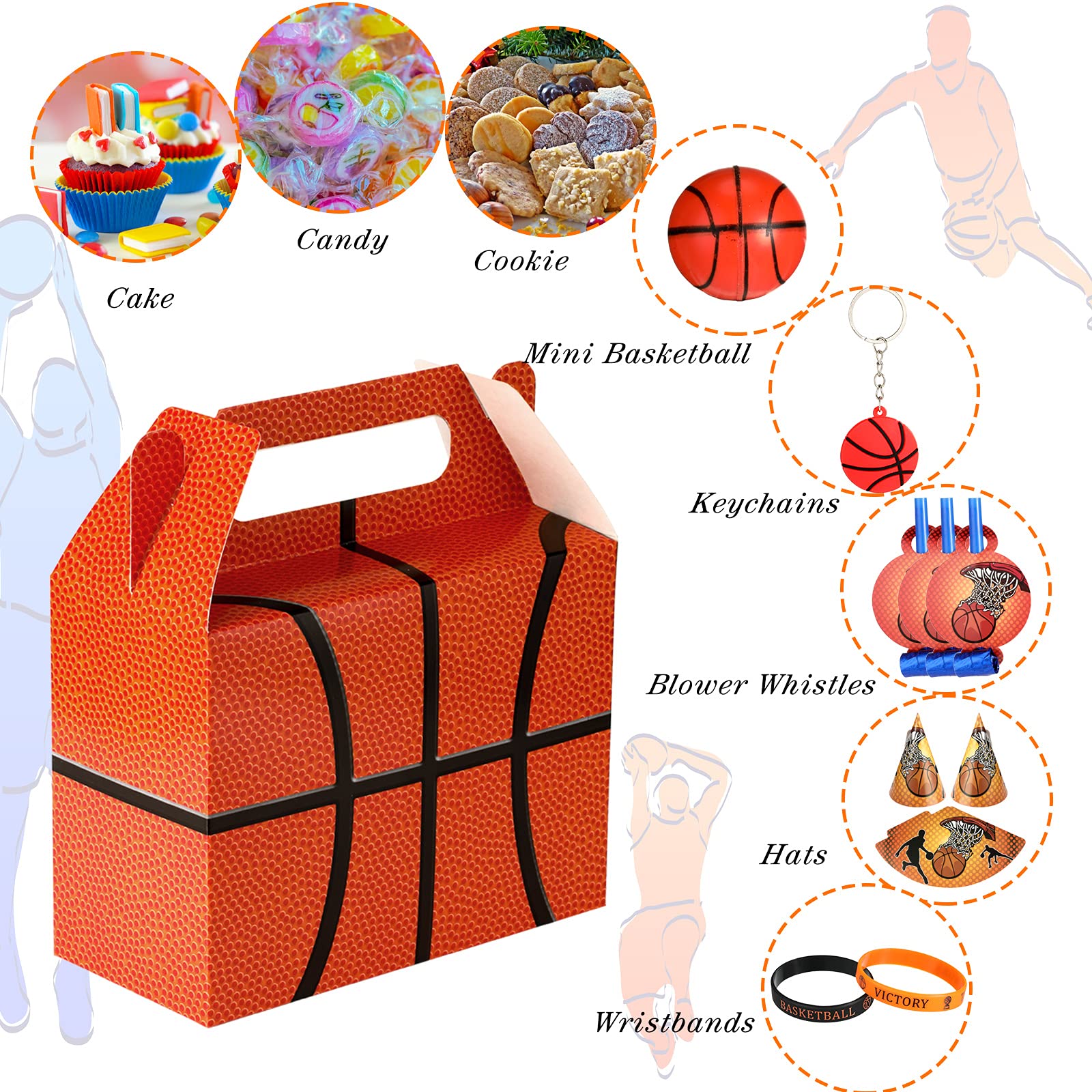 Chinco 12 Pieces Basketball Goody Box Party Favor Bags Sports Gift Candy Goodie Bags Basketball Party Favors Treat Boxes with Handles Gift Supplies Decorations for Baby Shower Adult Birthday