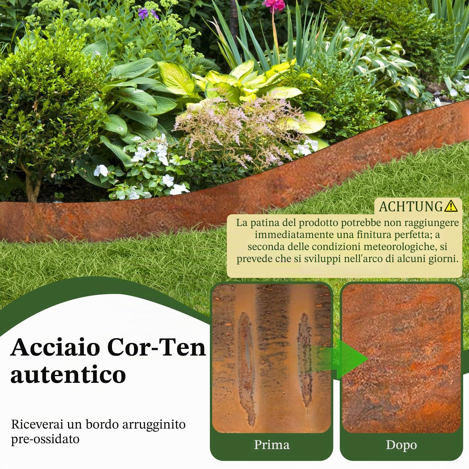 Bordura per Aiuola in Acciaio Corten 10 M, Bordura Corten per Giardino, Altezza 15 cm, Recinzione per Aiuole con Aspetto Ruggine per Aiuole, Allee, Alberi e Ghiaie, 1 Paio di Guanti Inclusi